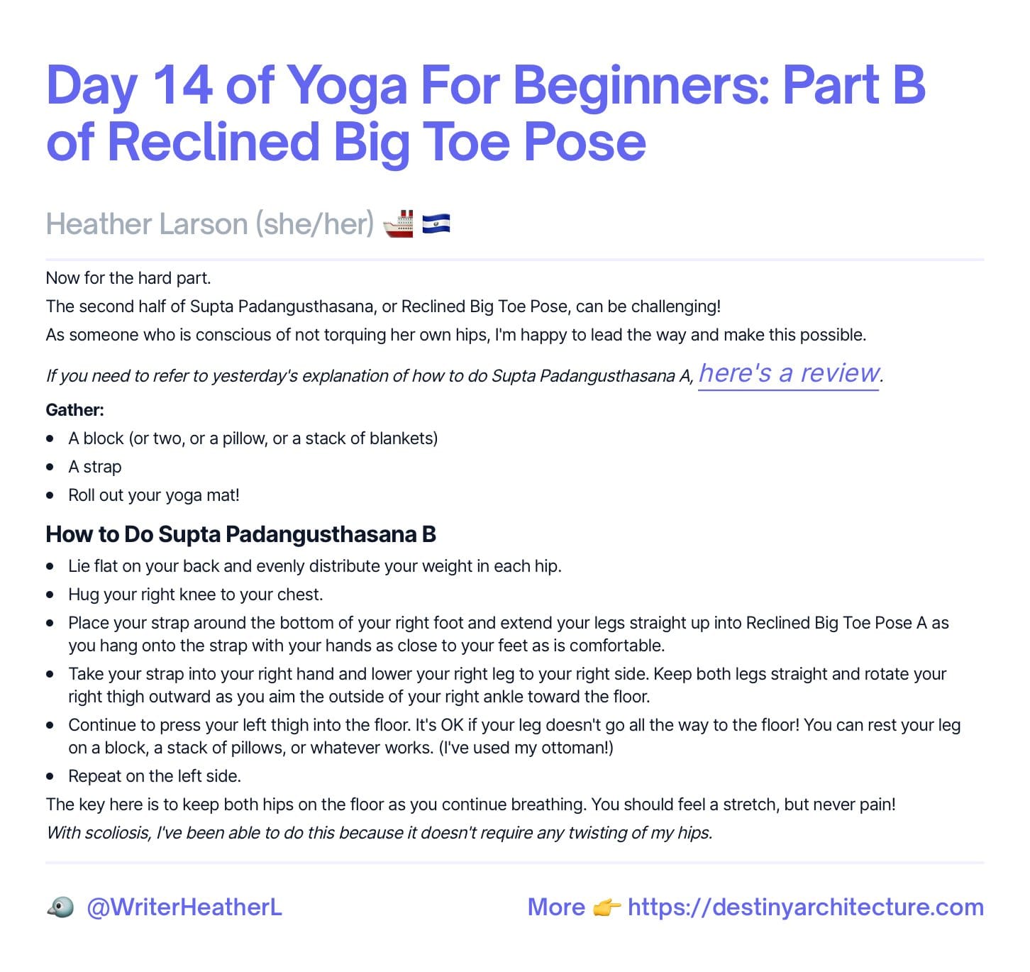 Day 14 of Yoga For Beginners: Part B of Reclined Big Toe Pose